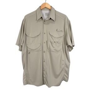 Columbia PFG Short Sleeve Fishing Shirt Men's Tan Vented Back Utility Pockets XL